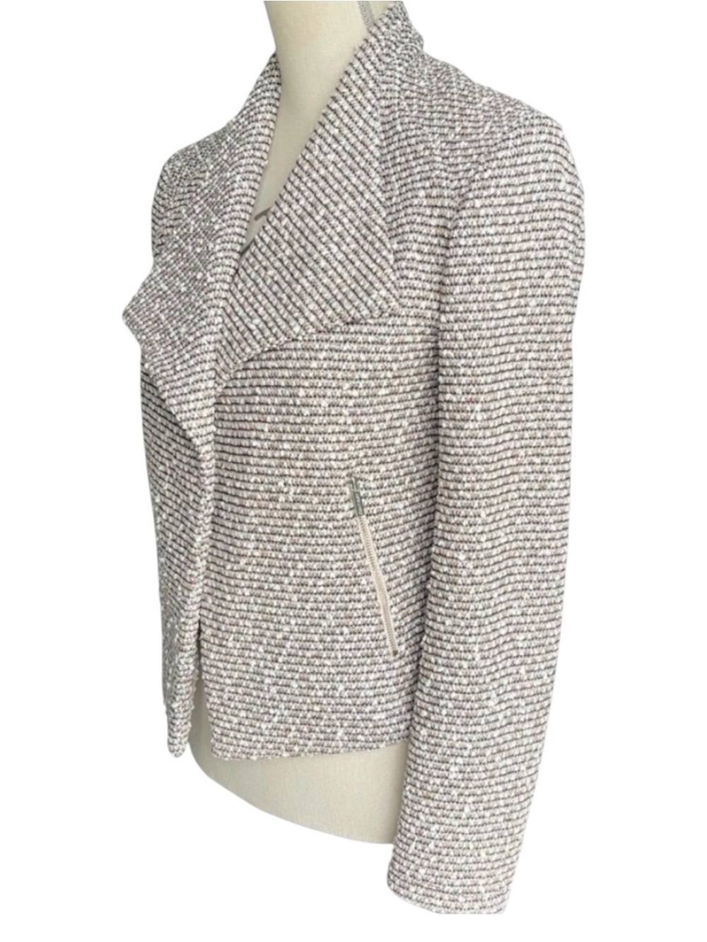Calvin Klein Black/White/Tan Textured Open Front Zipper Pockets Jacket (XS)